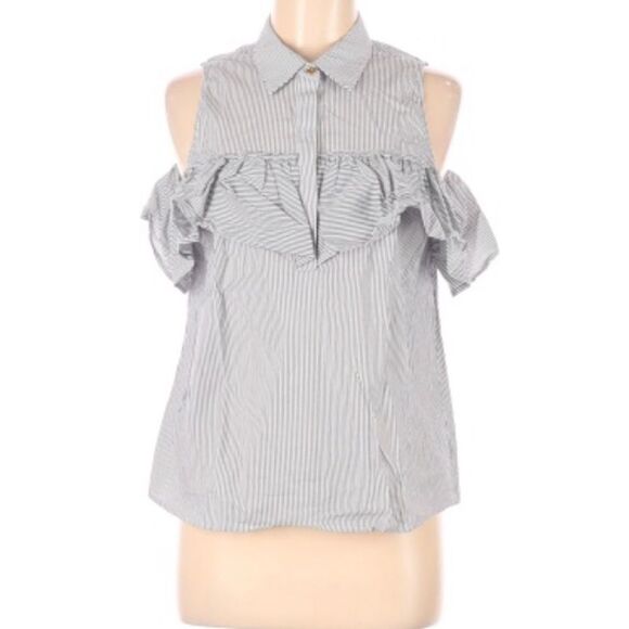 MICHAEL KORS | Pinstripe Cold Shoulder Ruffle Top Women’s Size Medium - Picture 1 of 8